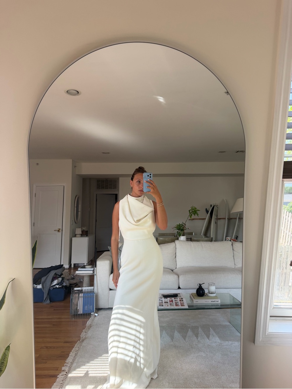 Badgley Mischka Cream Draped Cowl Neck Maxi Dress